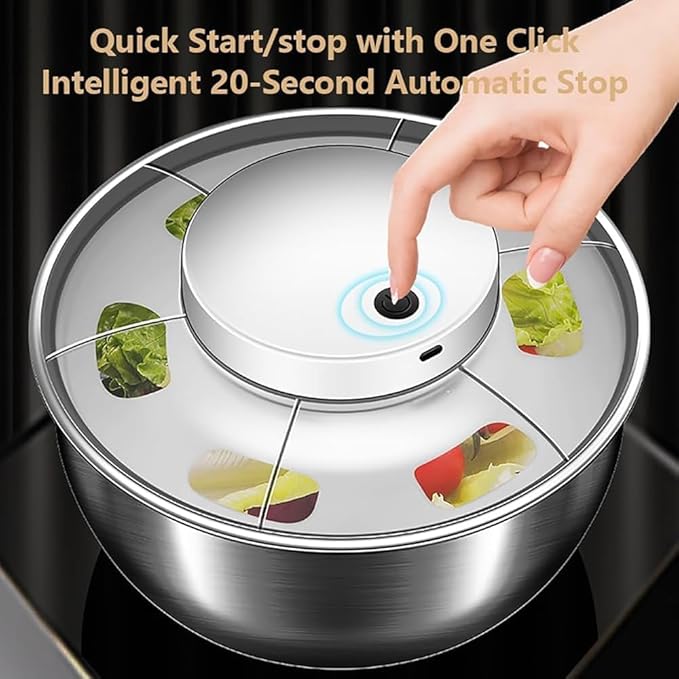 4.5L Stainless Steel Electric Salad Spinner | USB Rechargeable | Smart Start & Auto-Stop | Kitchen Veggie & Fruit Washer/Dryer