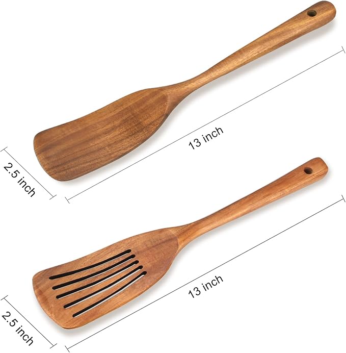 2 Pack Wooden Non Toxic Spatulas for Kitchen Utensils Set Acacia Wood Cooking Spatula Flat Wok Pancake Turner Bamboo Slotted Spoon for Cooking Utensil Spurtle Scraper Long Fish Egg Flipper Spatulas