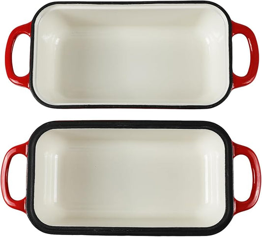 9 x 5 Inch Bread Pan Enameled Cast Iron Loaf Pan with Lid for Baking, 2 in 1 Non-stick Sourdough Bread Loaf Pan for Homemade Bread, Oven & Stovetop Safe for Gas, Electric & Induction, Red