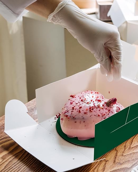 qiqee 8x8x5 Cake Box, 18 Sets Green Cake Box with Window & 18 Sets 8" Green Cake Round Boards, 8inch Cake Containers