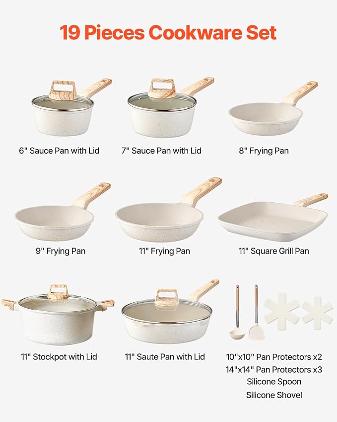 VEVOR 19 Piece Pots and Pans Set Nonstick, Granite Cookware Set, Induction Cookwares, Kitchen RV Cooking Sets with Frying, Sauce, Saute, Tempered Glass Lids, and Pan Protectors, White
