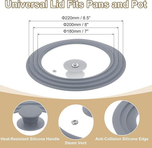 uxcell 1Pcs Universal Lid for Pot Fit 7, 8, 8.5 Inch Diameter Cookware, Replacement Pan Lids with Heat Resistant Silicone Rim, Steam Vent Pan Lid for Pots, Frying Pans, Skillets, Gray
