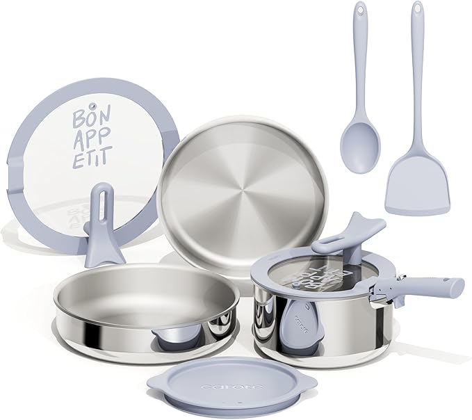 CAROTE 11pcs Tri-Ply Stainless Steel Cookware Set with Detachable Handle, Pots and Pans Set, Induction Kitchen Cooking Sets, RV/Camping Cookware, Stand-Up Lid, Oven Safe, Blue