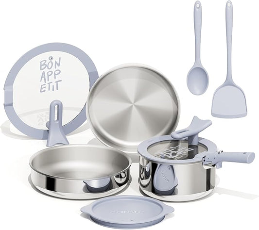 CAROTE 11pcs Tri-Ply Stainless Steel Cookware Set with Detachable Handle, Pots and Pans Set, Induction Kitchen Cooking Sets, RV/Camping Cookware, Stand-Up Lid, Oven Safe, Blue