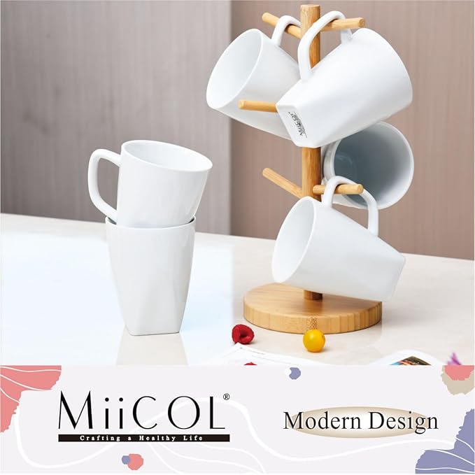 Miicol Porcelain Coffee Mugs Set of 6, Large Coffee Cups 14 oz, White Tea Cups, Ceramic Mugs for Latte, Cappuccino, Milk, Cocoa, Square Bottom, Microwave & Dishwasher Safe