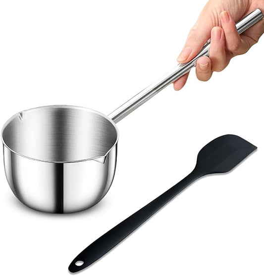 Mini Butter Warmer Pot, Milk Pot with Long Handle Sauce Pan with Pour Spout, Butter Melting Pots with Silicone Spatula for Chocolate,Candy,Coffee Tea Soup, 500ML, Silver
