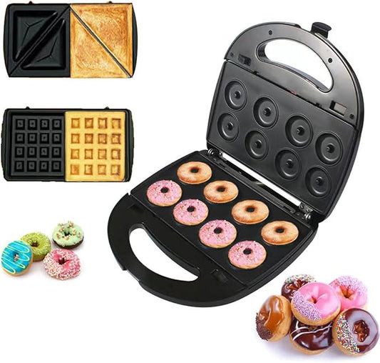 Donut Maker, 3 in 1 Electric Waffles Sandwich Machine,Panini Press Grill Iron Set with 3 interchangeable Removable Non Stick Plates,750W Detachable Dessert Toaster, Perfect for Breakfast