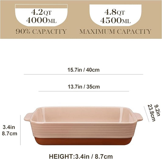 MALACASA 4.8 Qt Ceramic Oven Dish with Handles, 9 x 13 Inch Baking Dish Casserole Dishes, Deep Rectangular Lasagne Dishes Bakeware for Roasting (Khaki & Pink), Series TARA
