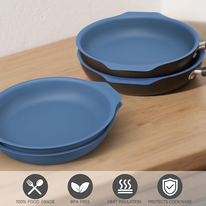 Silicone Pan Protectors for 12-Inch Frying Pans - Non-Slip Stacking Guards, BPA-Free & Dishwasher Safe | Protect Cookware from Scratches (Blue, 2 Pack)