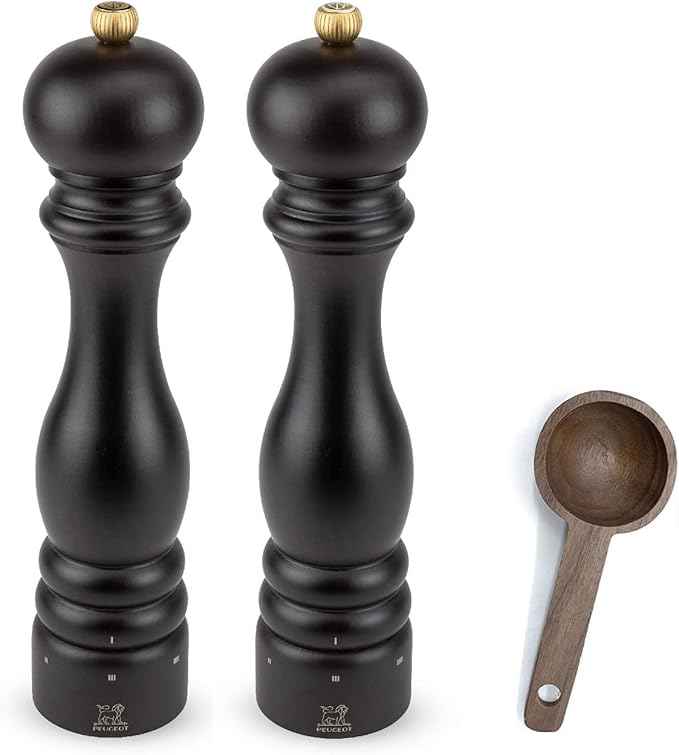 Peugeot Paris u'Select 6 Setting Manual beechwood Salt & Pepper Mill Set With Wooden Spice Scoop Made In France (Chocolate, 10.75- Inch)