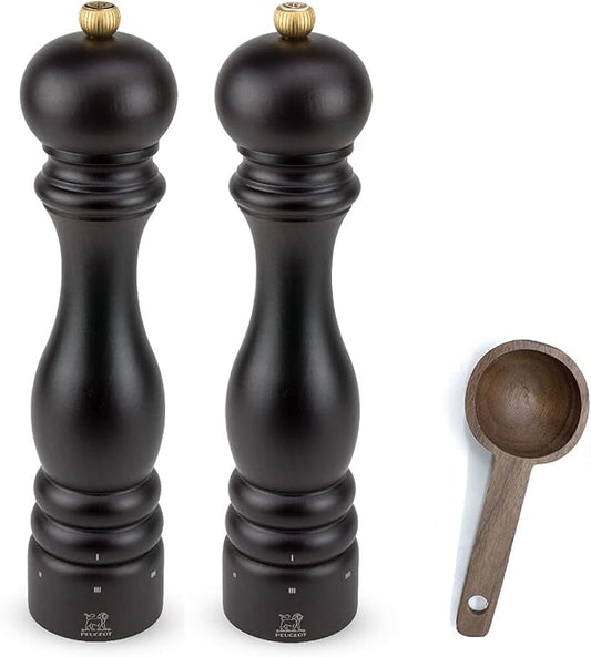 Peugeot Paris u'Select 6 Setting Manual beechwood Salt & Pepper Mill Set With Wooden Spice Scoop Made In France (Chocolate, 10.75- Inch)
