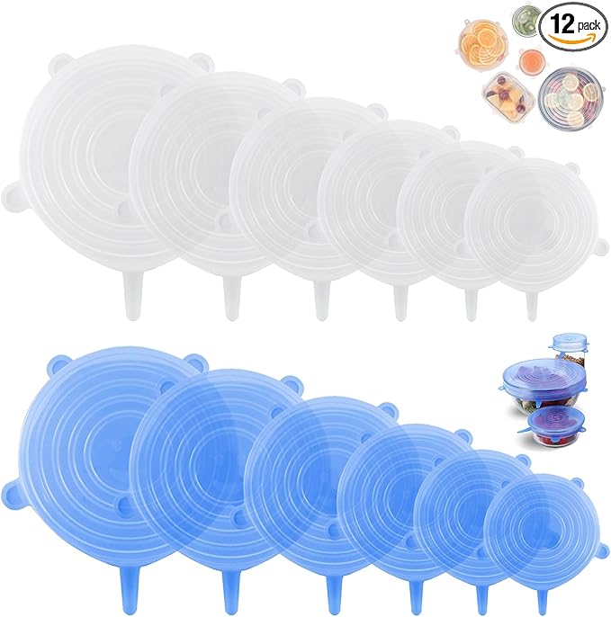 Silicone Stretch Lids – 12 Pack Reusable Food Covers,Flexible Silicone for Bowls, Containers, Fruits – Airtight & Leakproof Seal for Kitchen Storage (Transparent & Blue)
