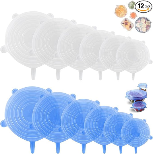 Silicone Stretch Lids – 12 Pack Reusable Food Covers,Flexible Silicone for Bowls, Containers, Fruits – Airtight & Leakproof Seal for Kitchen Storage (Transparent & Blue)