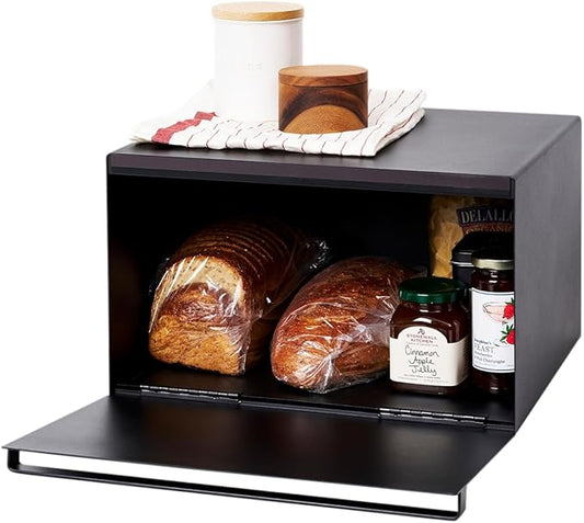 Yamazaki Home Tower Bread Box Keeper Holder Container, Metal Bread Holder Saver, Slim Space Saving Counter Storage - Horizontal - Steel