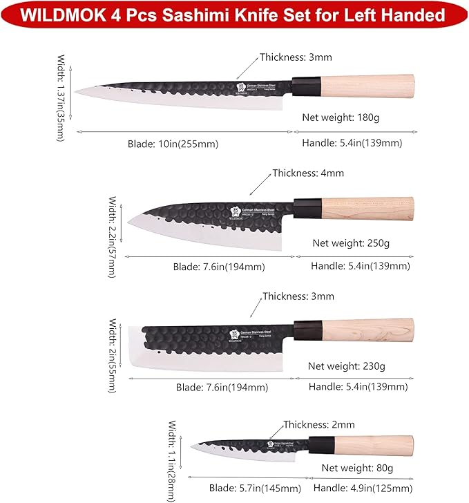 WILDMOK Left Handed 4pcs Knife Set GYUTO Sashimi Sushi Knife Sets for Left Handed, Fish Filleting Chef Knife for Kitchen German Steel Blade & Traditional Wooden Handle