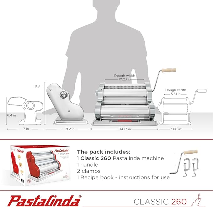 PASTALINDA Classic 260 Pasta Maker Machine, 26 cm Wide Rollers, 9 Thickness Positions, 2 Cutting Positions, Stainless Steel. Includes Reinforced Hand Crank And Two Clamps (Chrome)
