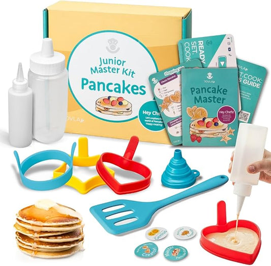 Tovla Jr. Kids Pancake Cooking Kit | Real Breakfast Set with Silicone Molds, Bottles, Spatula & Illustrated Recipes | Educational Gift for Ages 6–12, Perfect for Birthdays & Holidays