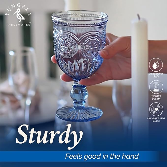 Yungala Blue Wine Glasses - Set of 6 Glass Goblets, 10oz - Dishwasher-Safe Handcrafted Stemmed Blue Vintage Glassware vintage wine glasses or water goblets or for those who love blue drinking glasses