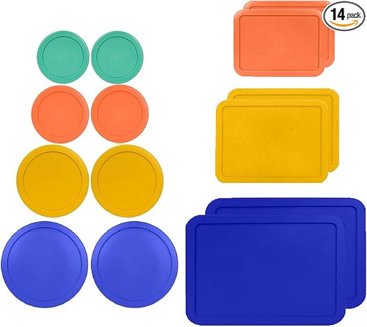 1, 2, 4 & 7 Cup Round & 3, 6, 11 Cup Rectangle Replacement Lids/Covers for Pyrex, Anchor Hocking & KlareWare Storage Bowls *Lids Only -Glass Container Not Included*, 14 Pack *2 of Each Size*
