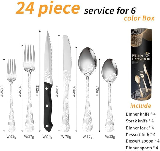 Premium 24 Piece Western Pattern Steak Knife,Fork and Spoon Set,Set for 4,Stainless Steel Cutlery Set with Gift-Ready Box,Dishwasher Safe, Ergonomic Design (Silver)