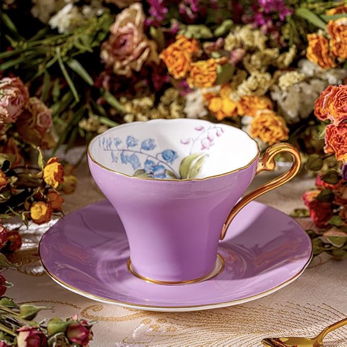 Aynsley Handpainting Colored Glaze Lily of the Valley Corset Fine Bone China English Tea Cup and Saucer Set, 6.1 oz (Purple)