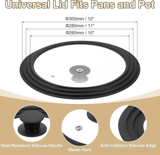 uxcell 1Pcs Universal Lid for Pot Fit 10, 11, 12 Inch Diameter Cookware, Replacement Pan Lids with Heat Resistant Silicone Rim, Steam Vent Pan Lid for Pots, Frying Pans, Skillets, Black
