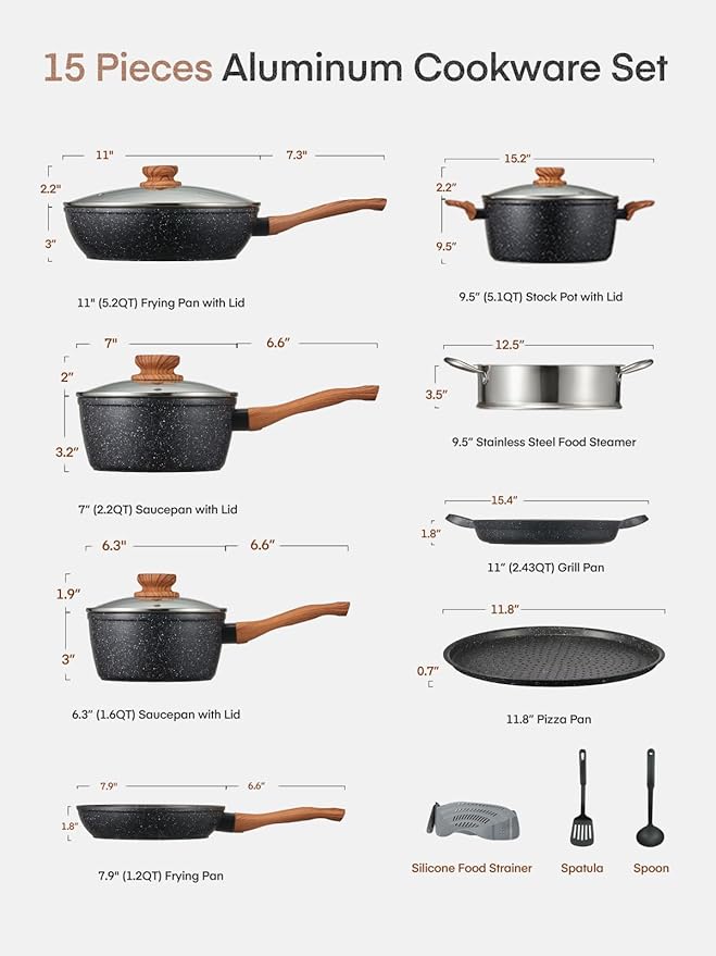 FOHERE Pots and Pans Set with Lids 15 PCS, Aluminum Nonstick Induction Cookware Sets, with Frying Pans, Saucepans, Stock Pot, Pizza Pan, Griddle Pan, and Food Steamer, Silicone Food Strainer, Black