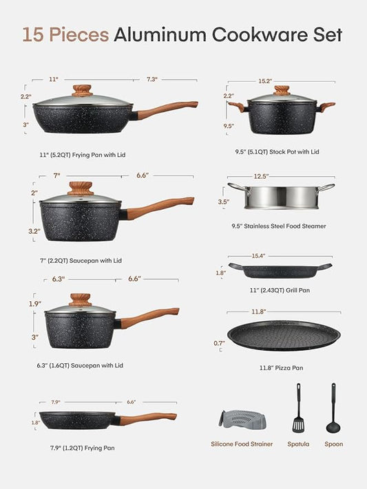 FOHERE Pots and Pans Set with Lids 15 PCS, Aluminum Nonstick Induction Cookware Sets, with Frying Pans, Saucepans, Stock Pot, Pizza Pan, Griddle Pan, and Food Steamer, Silicone Food Strainer, Black
