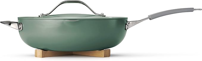 Tramontina All-in-One Plus Pan Set, 5-Quart Ceramic Non Stick Cooking Pan with Lid, Steamer Insert, Bamboo Utensil and Trivet, Green