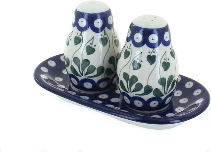 Blue Rose Polish Pottery - Blue Alyce Salt & Pepper Shakers with Tray - 3.5" Tall - Hand-Painted Ceramic Seasoning Set for Table & Kitchen