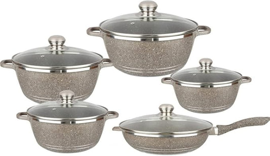 6-Piece Nonstick Cookware Set - Brown Marble Coated Pots and Pans with Glass Lids, Durable Aluminum Kitchenware, Frying Pan, Saucepans, Stock Pot for Home Cooking