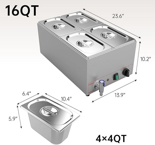 Valgus Commercial Stainless Steel 4 Sections Bain Marie Food Warmer 16 Qt Buffet Server with Lid and Tap for Home, Catering, Restaurants