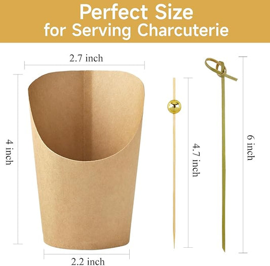 100 Sets 8 oz Small Charcuterie Cups with Sticks, Disposable Kraft Paper Charcuterie Boxes French Fry Holder Individual Appetizer Serving Cup (100 Cups + 400 Cocktail Picks)