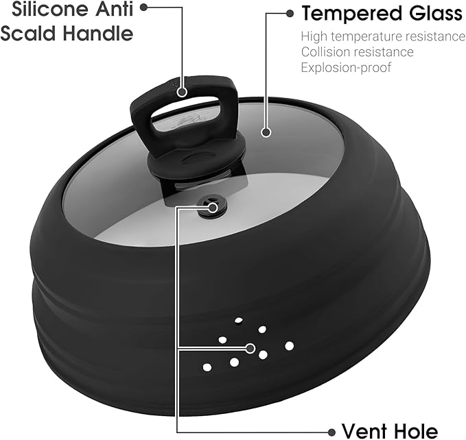10.8 Inch Microwave Splatter Cover Glass Lid Vented Splatter Guard with Black Handle Collapsible Silicone Tempered Glass Dishwasher Safe, Reusable Splatter Guard for Bowls & Plates Oven (Black)