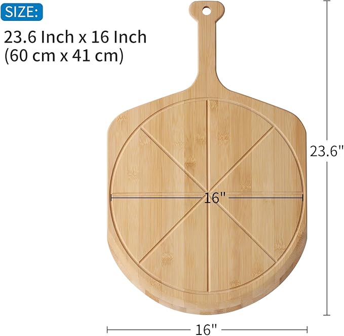 16' Bamboo Pizza Peel - Lightweight Smooth Wooden Paddle and Pizza Cutting Board with 8 Slice Grooves, Outdoor Oven Accessories, 23.6 x 16 Inch