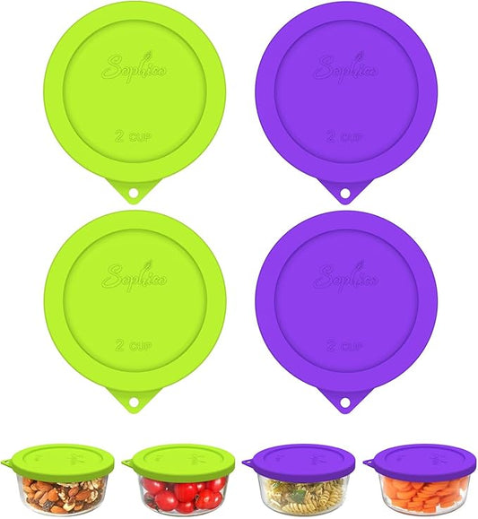 Sophico 2 Cup Round Silicone Storage Cover Lids Replacement for Pyrex 7200-PC and Anchor Hocking Glass Bowls (Container not Included) |Green-Purple 4 Pack |