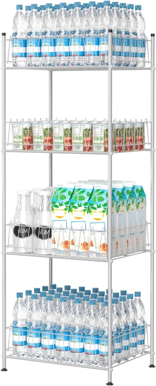 smusei 4 Tier Water Bottle Storage Rack Metal Water Bottle Organizer for Floor, Free Standing Bottled Water Holder Stand Beverage Pantry Drink Shelf Dispenser for Kitchen Pantry