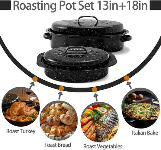 Enamel Roasting Pan With Lid and Rack 13" 18"Granite Roaster Pans Set With Rack Suitable Cooking Poultry Baking Turkey Bread Beef Resists Up to 932°F,Dishwasher Safe,Holiday Gifts CookWare
