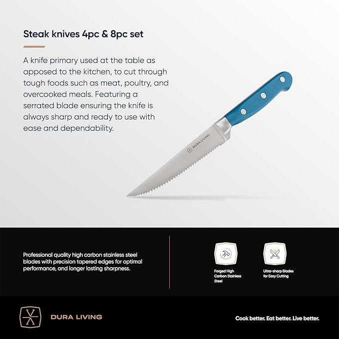 Premium 4-Piece Steak Knife Set – Sharp Serrated Blades, Forged High Carbon Stainless Steel, Full Tang, Ergonomic Handle, Royal Blue – Ideal for Dining & Entertaining