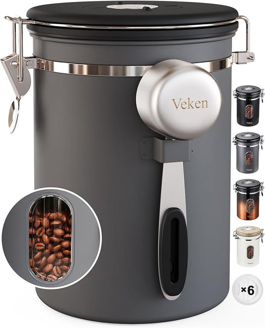Veken Coffee Canister with Window,Airtight Stainless Steel Kitchen Food Storage Container, Date Tracker & Scoop for Grounds Coffee, Beans, Tea, Flour, Cereal,Sugar,22OZ,Grey