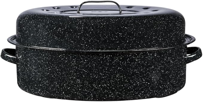 Granite Ware 19-Inch Covered Oval Roaster, 20 Lb Capacity - Enamel Steel Cookware, Dishwasher Safe & PFOA-Free, Even Heat Distribution for Roasting Poultry, Meat, or Vegetables (Speckled Black)