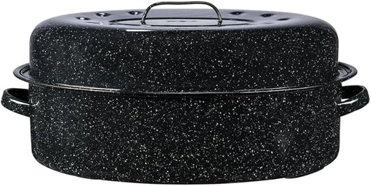 Granite Ware 19-Inch Covered Oval Roaster, 20 Lb Capacity - Enamel Steel Cookware, Dishwasher Safe & PFOA-Free, Even Heat Distribution for Roasting Poultry, Meat, or Vegetables (Speckled Black)