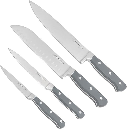 Chef's Knife Set, 4 Piece Cutlery Knife Set, Superior Forged High Carbon Stainless Steel Ultra Sharp 8 Inch Chef, 7 Inch Santoku, 5 Inch Utility, 3.5 Inch Paring Knives, Grey