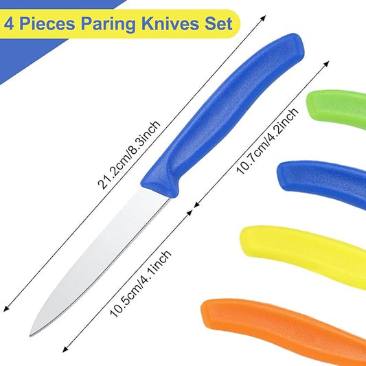 BEWOS Paring Knife, Straight Edge Paring Knives Set of 4, Ergonomic Handle, Ultra Sharp Kitchen Knife, Colorful PP Plastic Handle, 4.1-inch Pointed Tip (Orange, Yellow, Blue, Green)