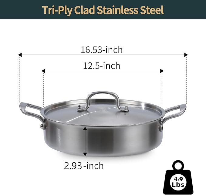 Saute Pan with Lid, 5 Quart Tri-Ply Stainless Steel Saute Pan, 12inch Deep Frying Pan with Lid, Large Skillet, Rondeau Pot with Lid Compatible with All Cooktops Up to 600℉