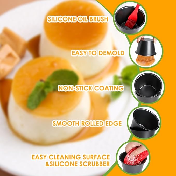 6 Packs Nonstick Popover Pan, Carbon Steel Individual Muffin Cupcake Pan, Raspberry Souffle Baking Maker with Oil & Dish Brush, Pudding Cups for Muffins, Quiches, Cakes, Frittatas(3.5"x2.2")