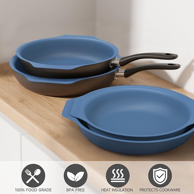 Silicone Pan Protectors & Separators for Stacking (10 & 12 Inch) - Non-Toxic, Heat-Resistant Pads | Dishwasher Safe, Durable Cookware Protector (Blue, Mixed)