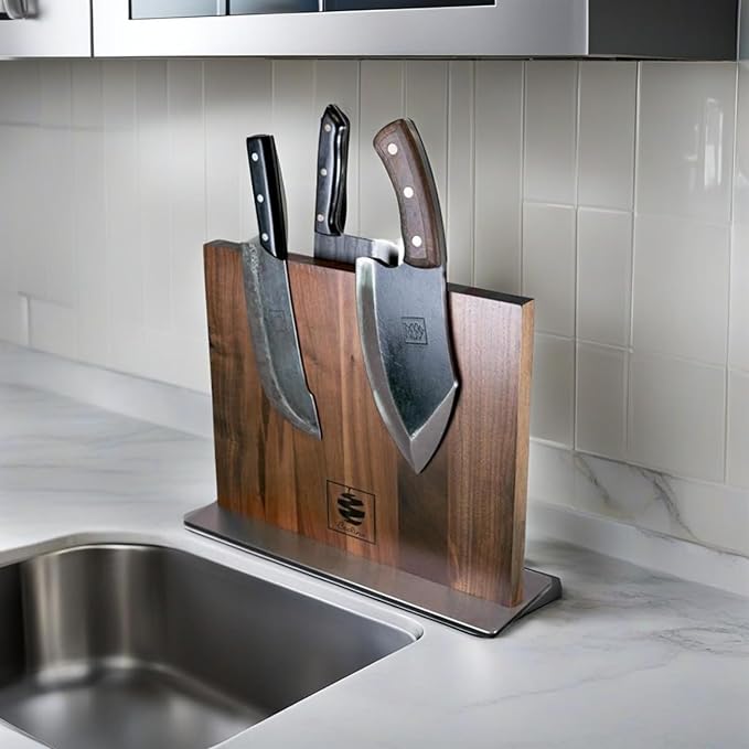 Coolina Walnut Magnetic Knife Holder, Elegant Design Knives Block Stand, Multifunctional, Double Side Magnets with Steel Base