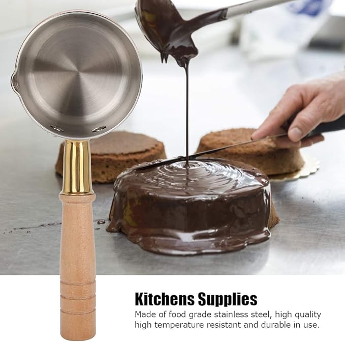 330ml Gold Stainless Steel Milk Pot With Wooden Handle - Flat Bottom Butter Melting Pan, Mini Sauce Warmer for Coffee and Chocolate