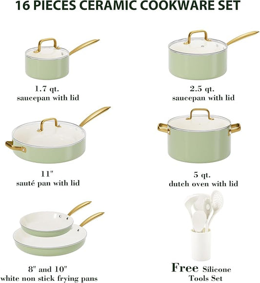 Pots and Pans Set Non Stick - VONIKI Ceramic Cookware Set with Cooking Utensils Set, Non Toxic Kitchen Cookware Sets Dutch Oven Pot with Lid Saucepan Set Sauté Pan Frying Pan Set for Cooking Gifts